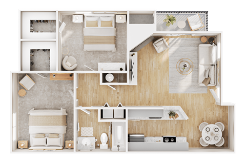 Floor plan for 2 beds, 1 bath, 947 sqft